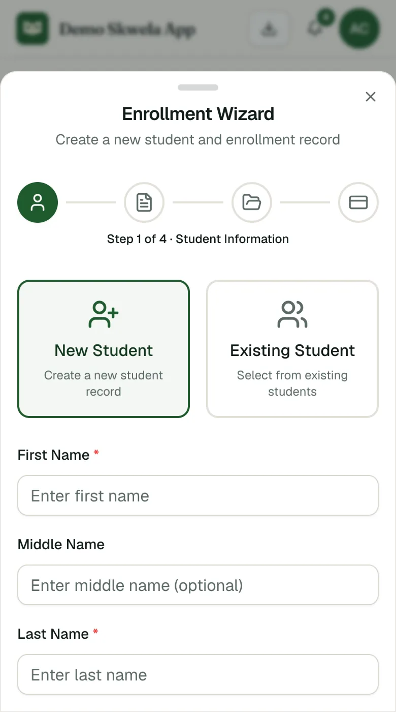 The Enrollment Wizard on a phone, step 1 of 4, Student Information: a new or an existing student, then the student's details.