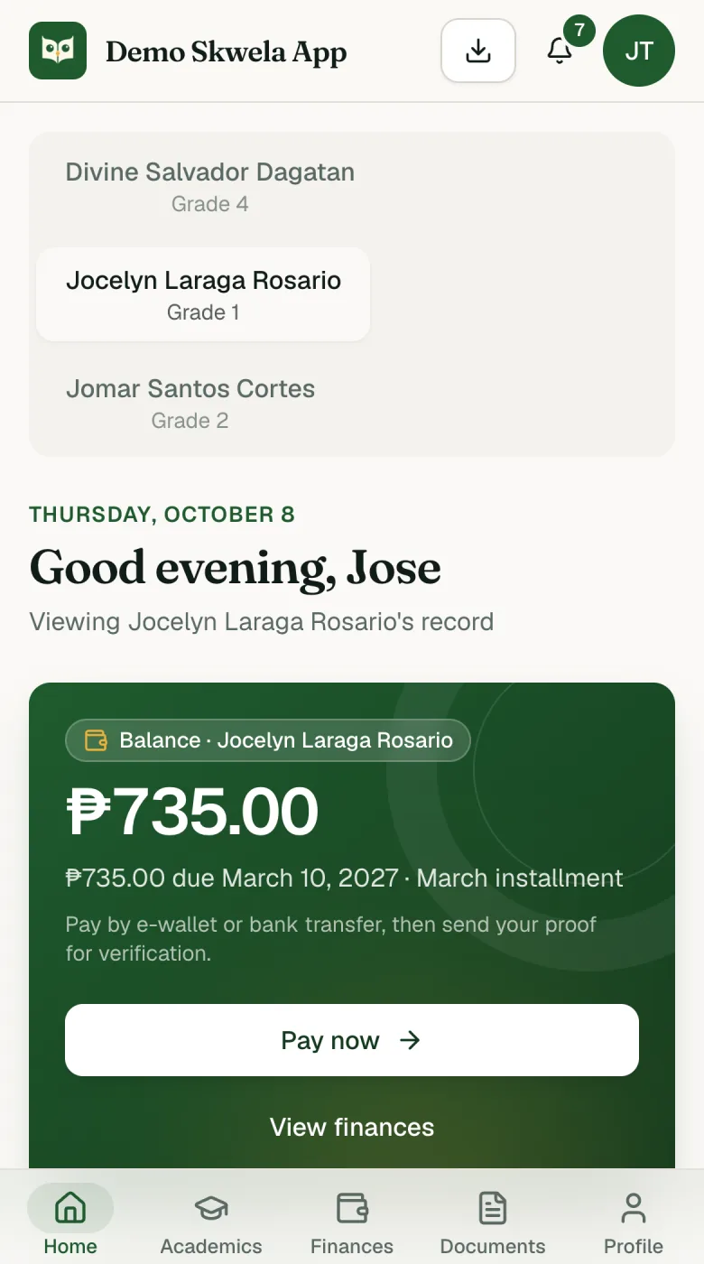 The Family Portal home on a phone: the parent's children, today's greeting, and the selected child's balance with Pay now.