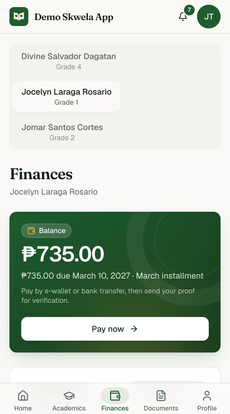 The Family Portal Finances screen on a phone: the balance due for the March installment, Pay now, and the school year's fees, installments and payments.