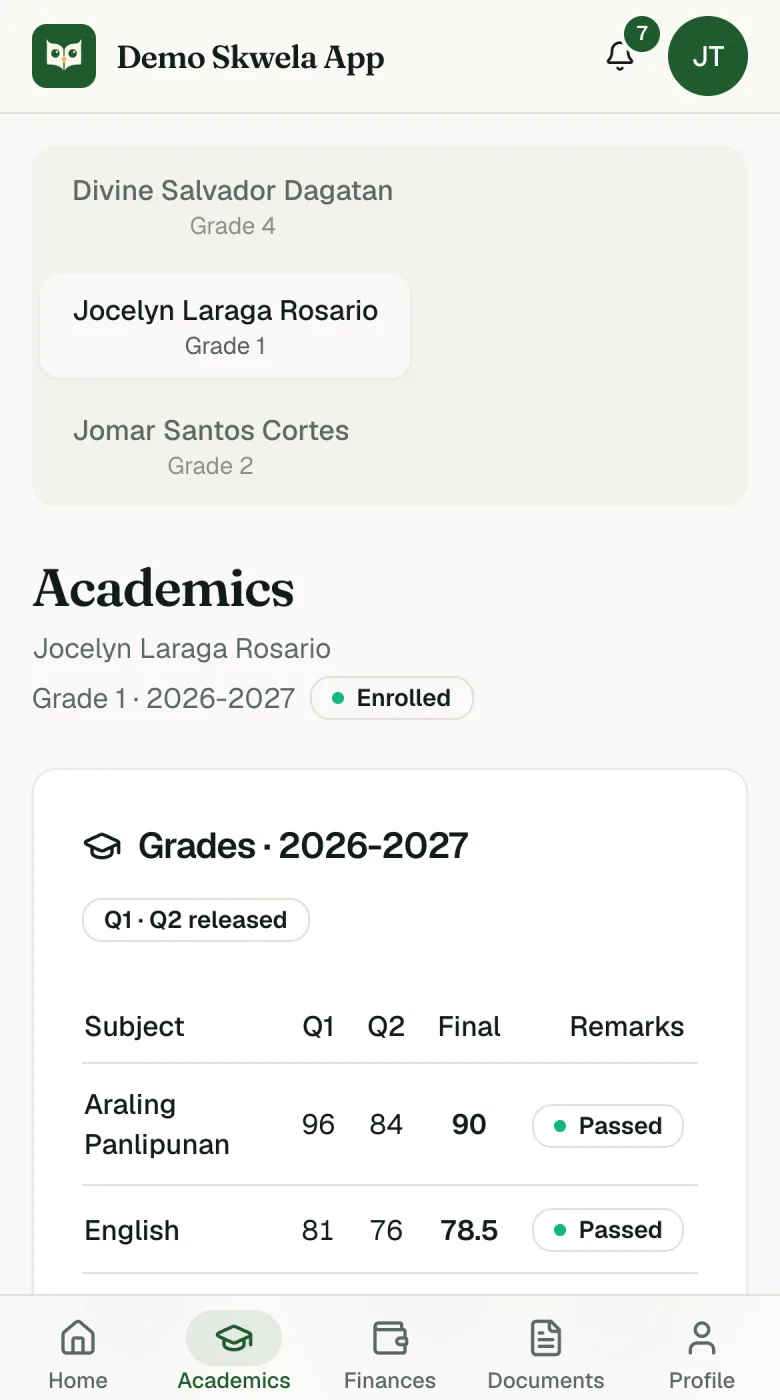 The Family Portal's Academics screen on a phone: released grades per subject with Q1, Q2, final and remark.