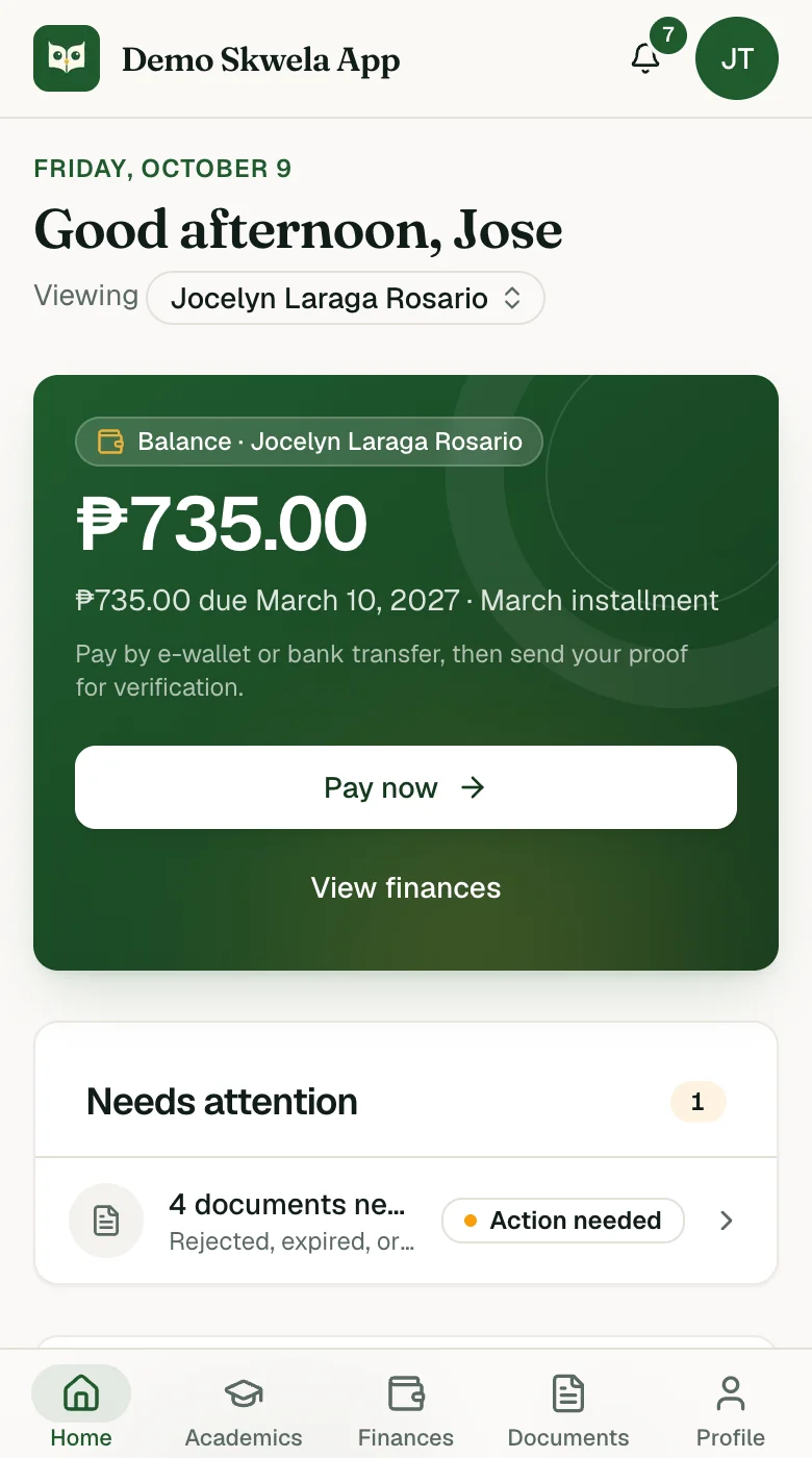 The Family Portal home on a phone: today's greeting, the child being viewed (tap the name to switch child), and that child's balance with Pay now.