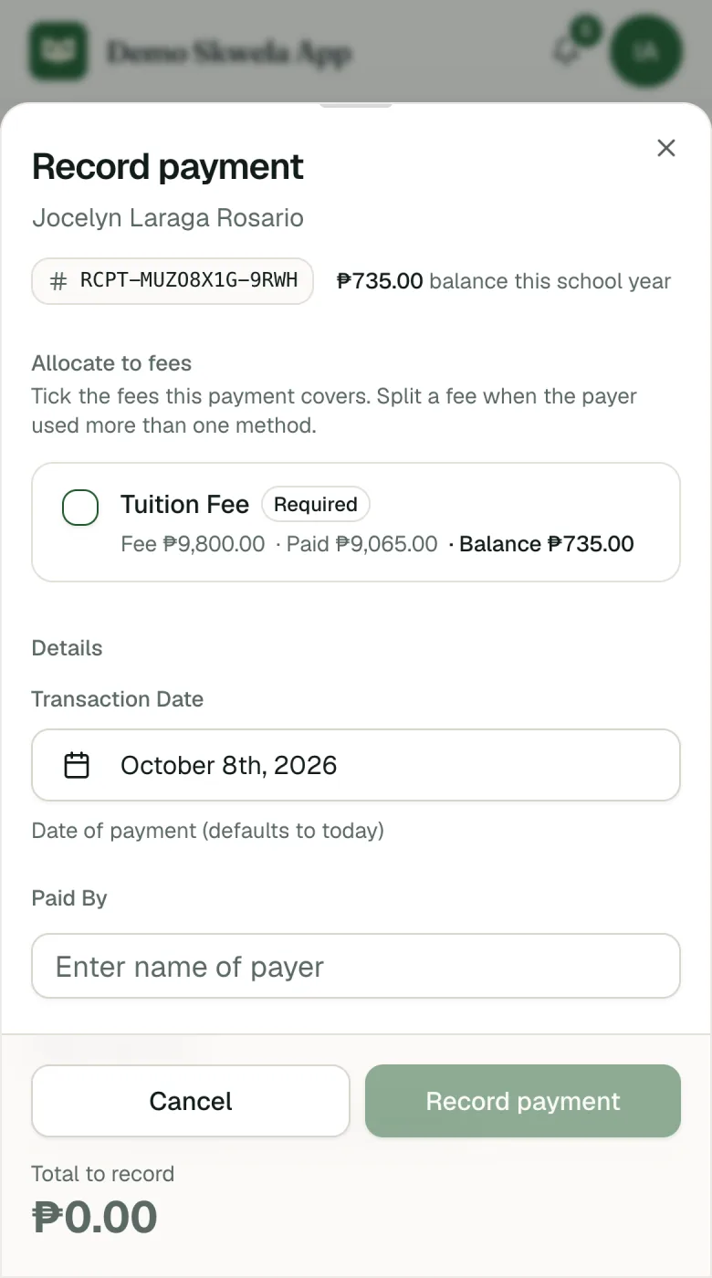 Record payment on a phone: the receipt number, the fees this payment covers with their balances, and the transaction details.