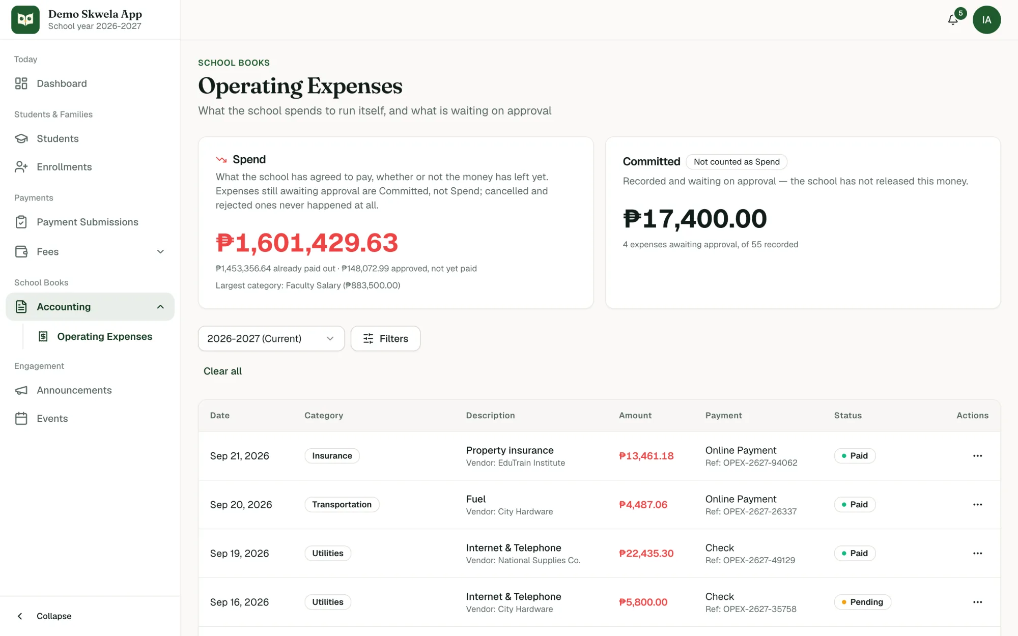 School Books, Operating Expenses: Spend and Committed for the school year, and the expenses list with category, amount, payment and status.